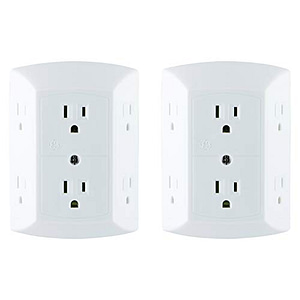 GE 6 Outlet Wall Plug Adapter Power Strip 2 Pack, Extra Wide Spaced Outlets, Power Adapter