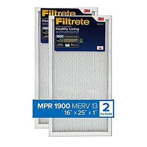 Filtrete 16x25x1 Furnace Air Filter MPR 1900 MERV 13, Healthy Living Ultimate Allergen, 2-Pack (exact dimensions 15.719 x 24.72 x 0.78)