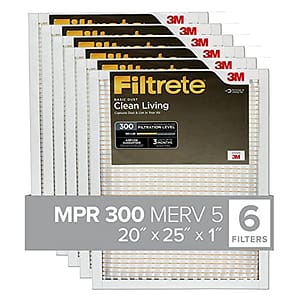 Filtrete 20x25x1 Furnace Air Filter MPR 300 MERV 5, Clean Living Basic Dust, 6-Pack (exact dimensions 19.69 x 24.69 x 0.81)