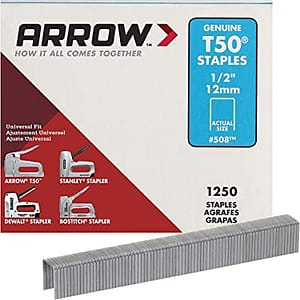 Arrow 508 Heavy Duty T50 1/2-Inch Staples for Upholstery, Construction, Furniture, Crafts, 1250-Pack